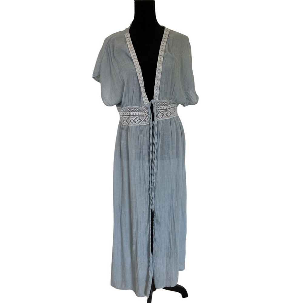 Womens Light Blue Boho Crochet-Trim Duster Beach Cover One Size Gauzy Sheer